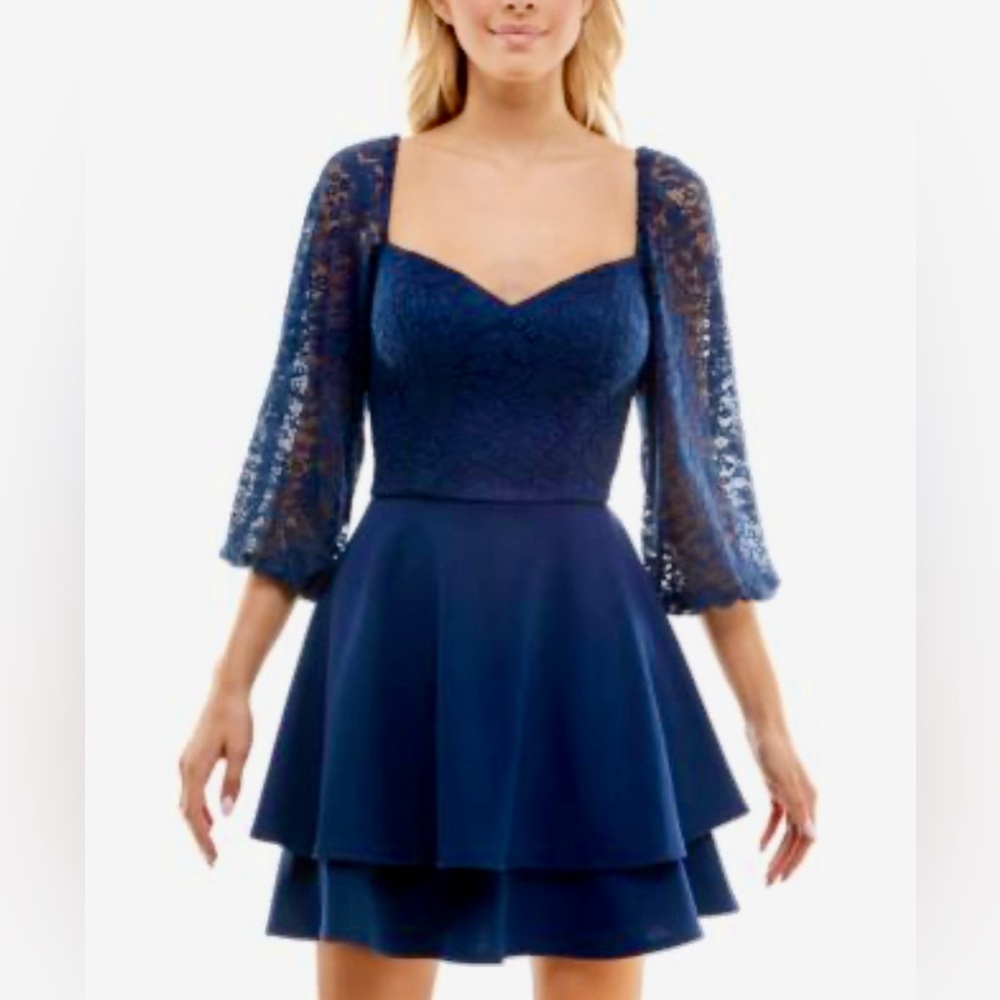 B Darlin Navy Lace Long Sleeve Dress